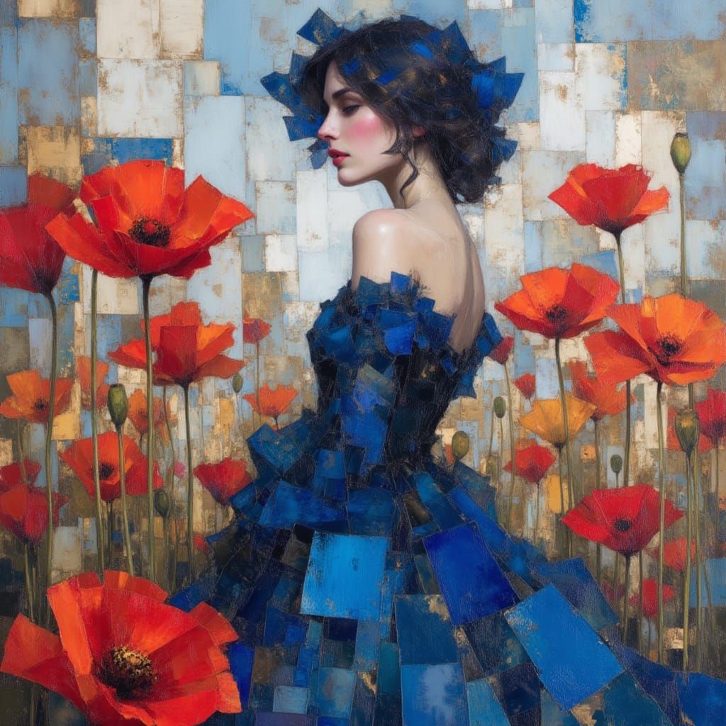 Victorian Woman in Blue Dress Among Watercolor Poppies