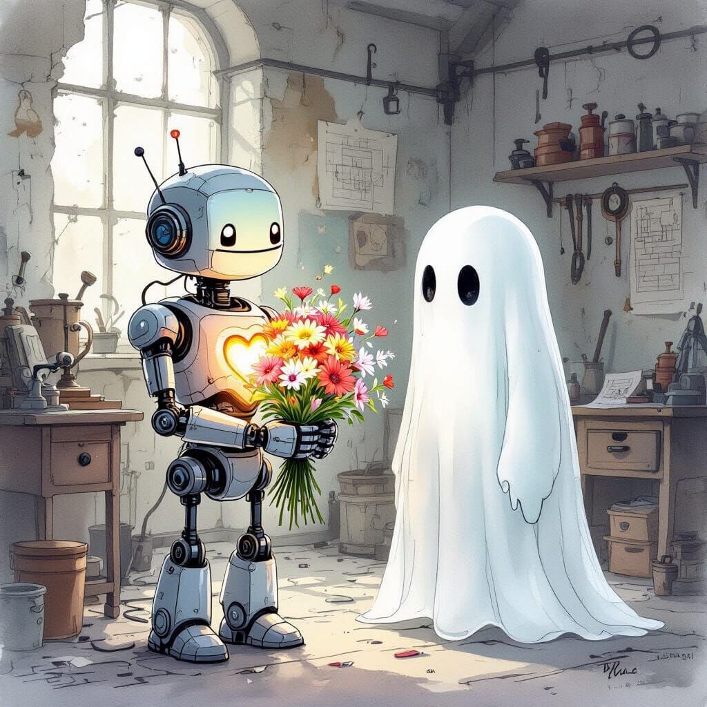 Android Offers Mechanical Flowers to Ghost in Watercolor Sty...