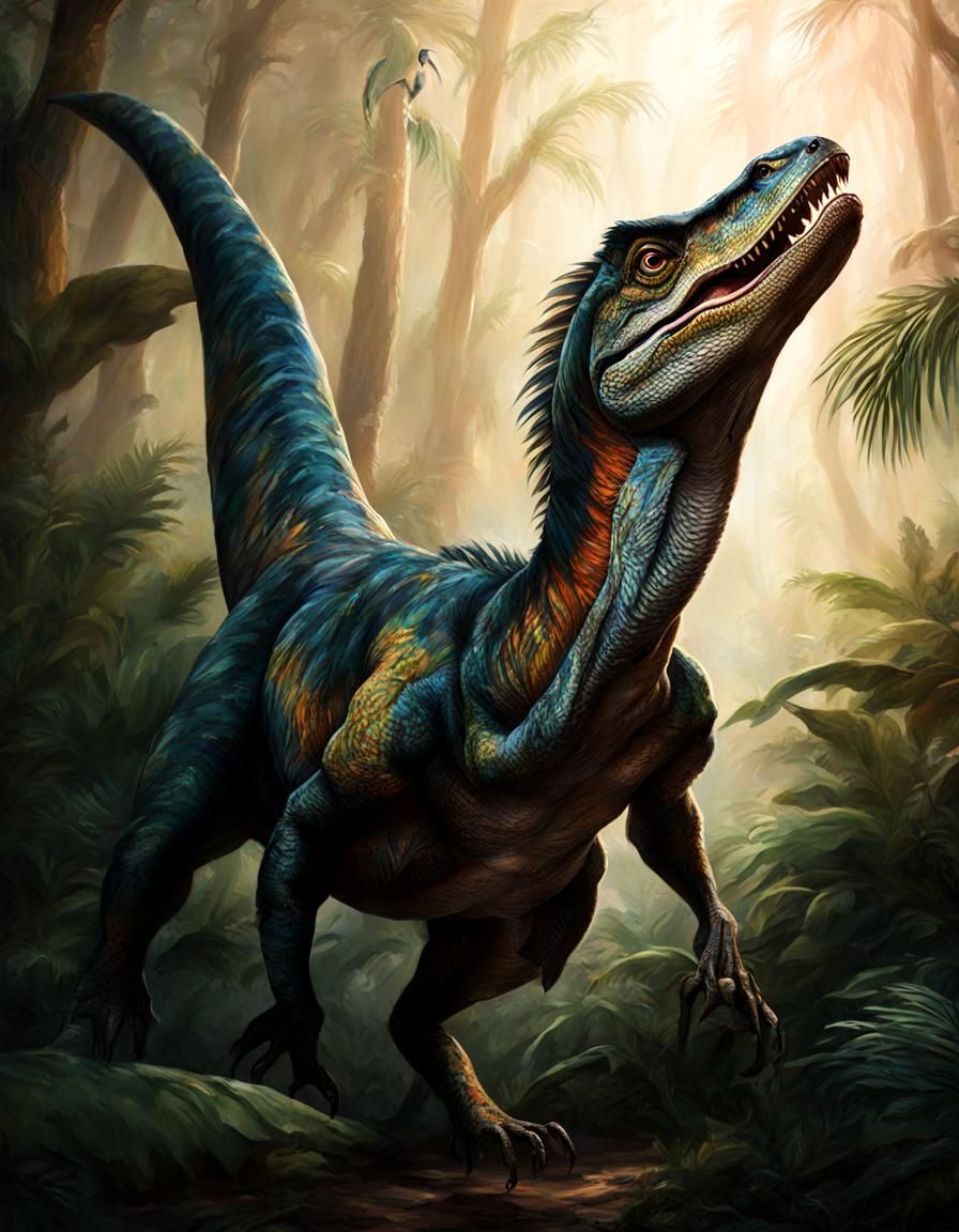 Vibrant Prehistoric Scene of Raptor Chasing Meganeura in a P...
