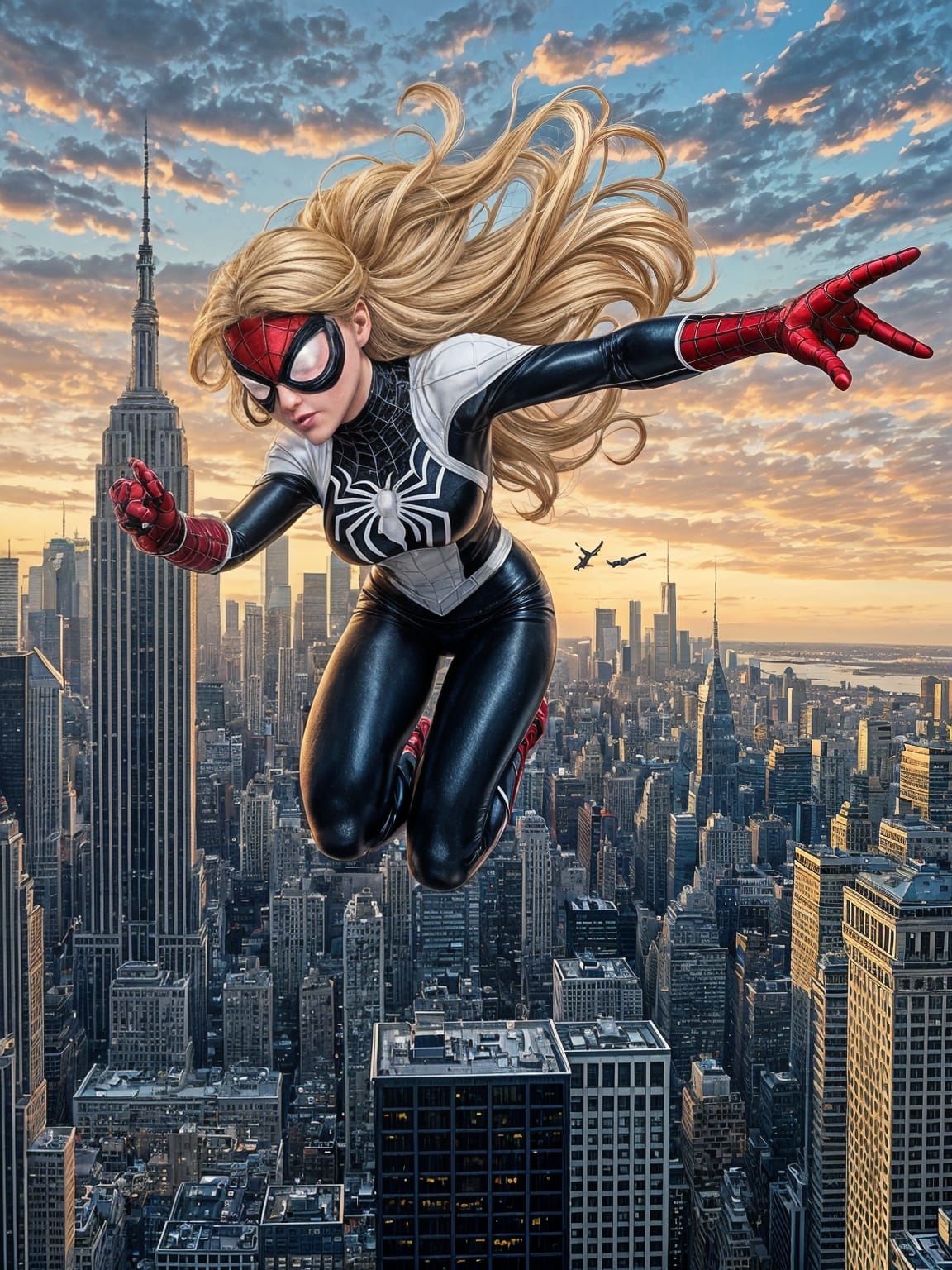 Spidergirl Over New York Skyscrapers