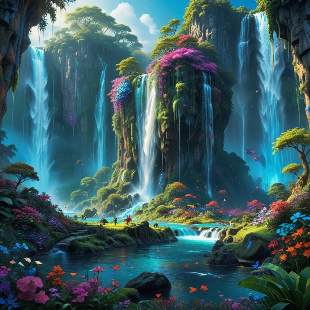 Epic Waterfall in a Vibrant, Fantastical Paradise