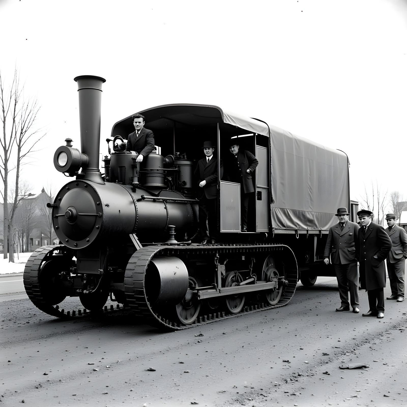 Steam-Powered Military Vehicle in Vintage Photograph Style