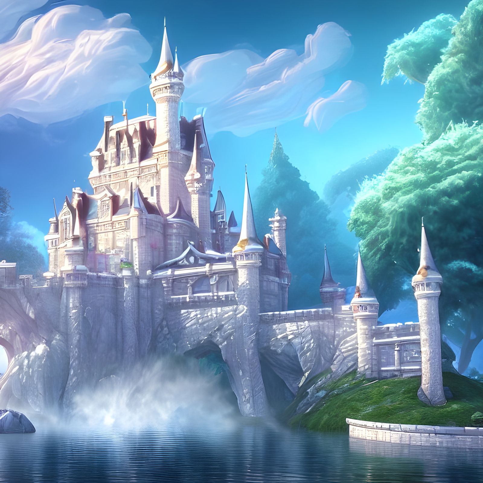 Magical White Castle City by Water: Digital Art