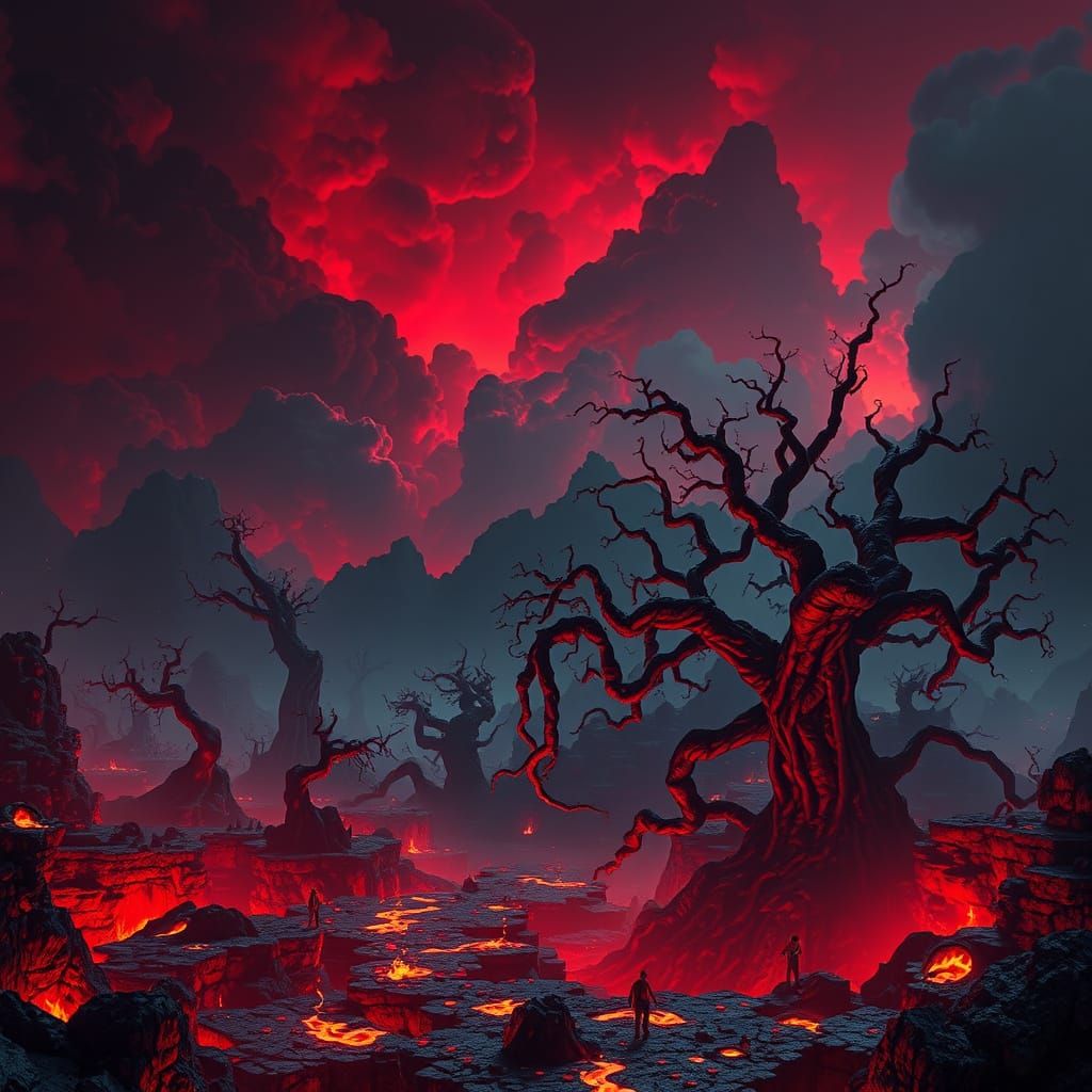 Ethereal Netherworld Landscape in Neon-Lit Darkness