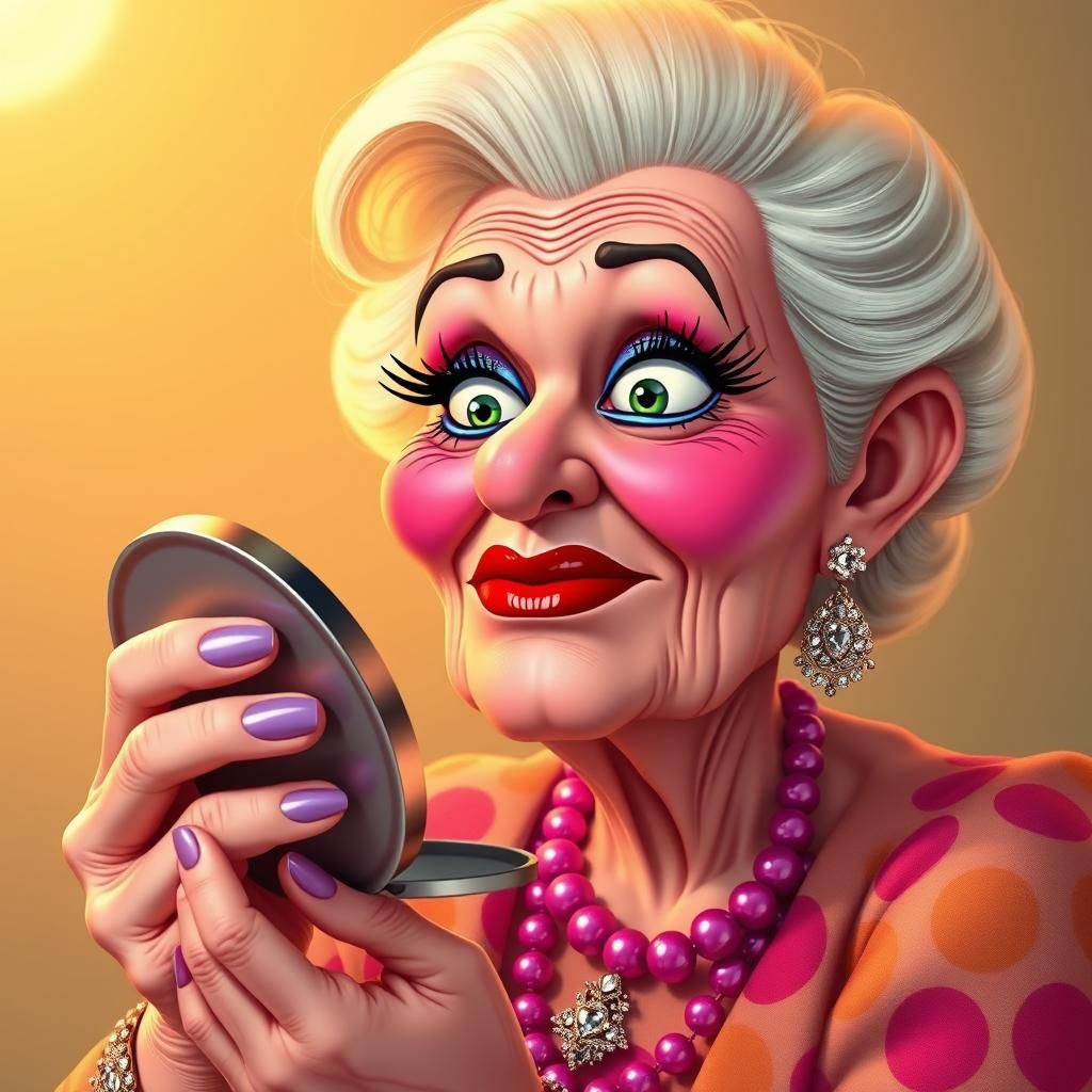 Cartoonish Elderly Lady with Exaggerated Make-Up
