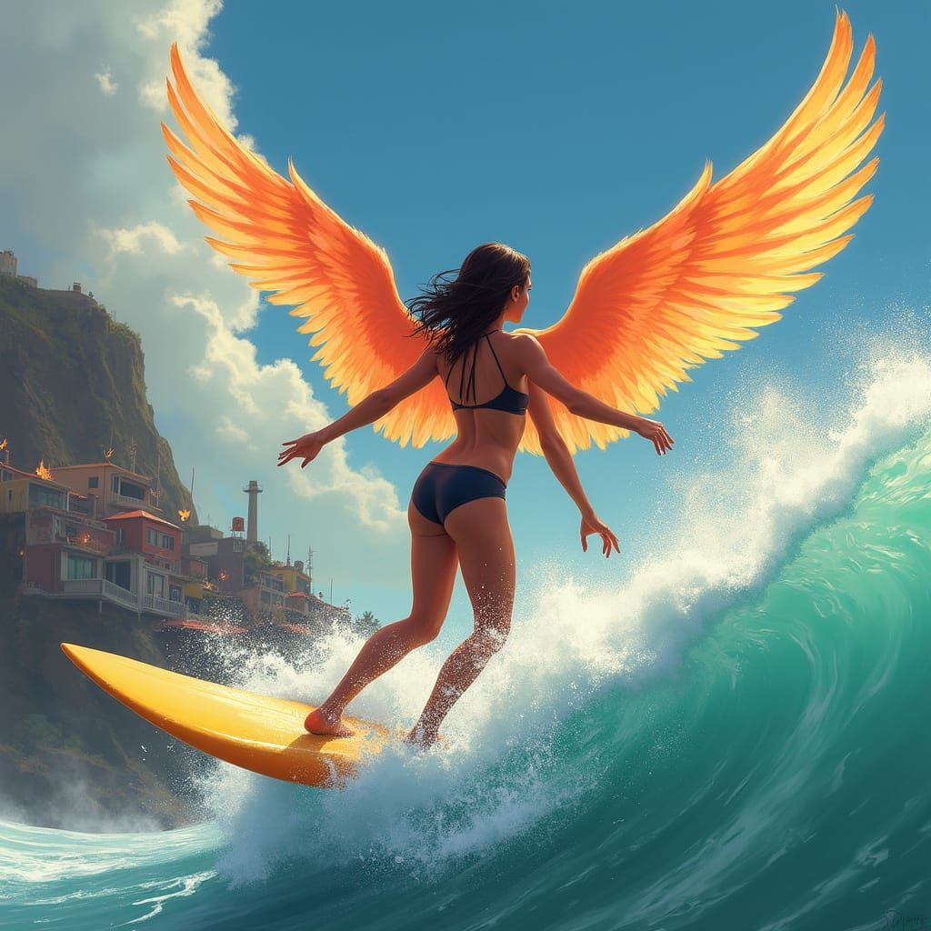 Surfer Angel Rides a Wave in Digital Painting