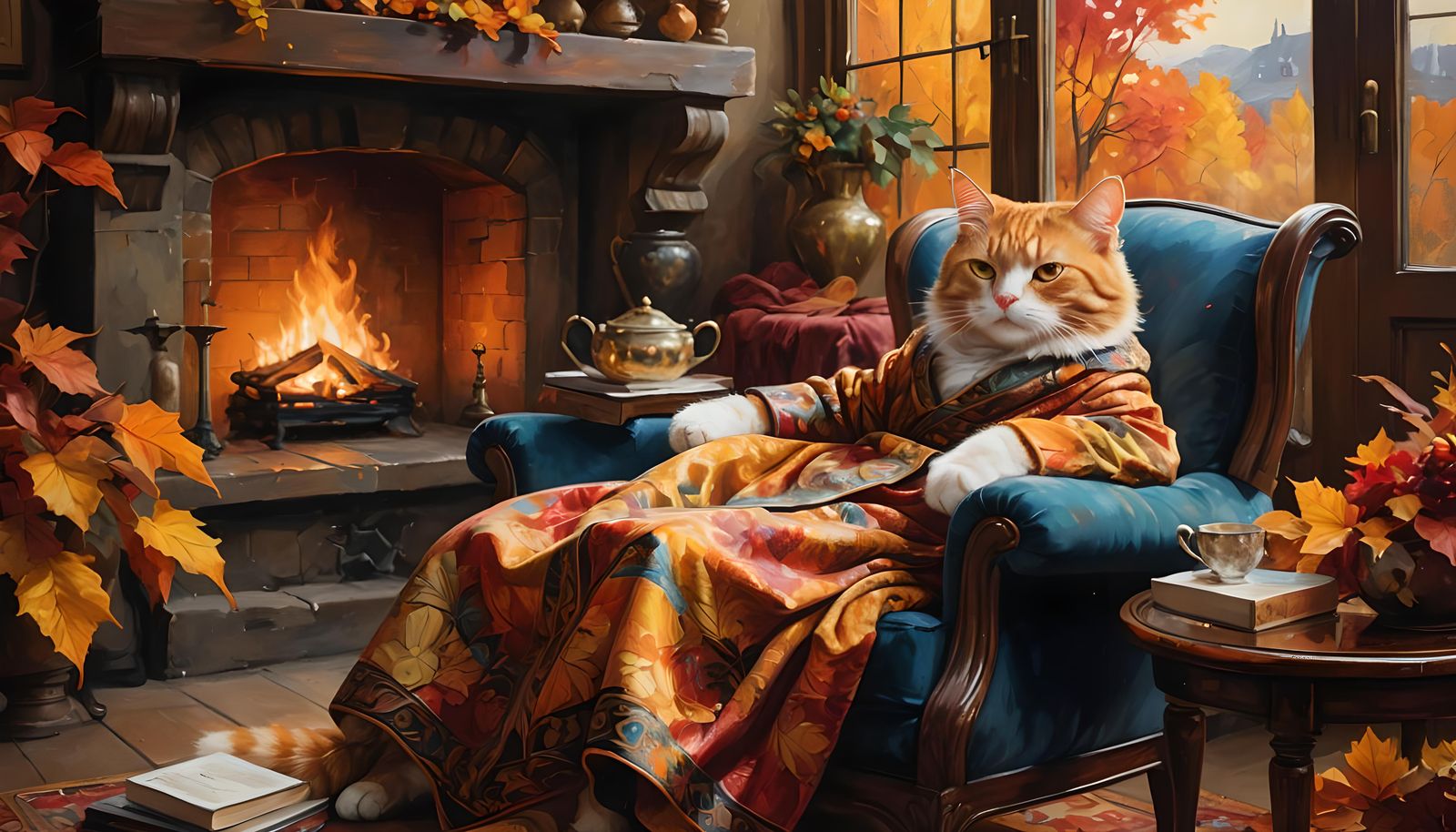 Ginger Cat in Robe by Fireplace: Autumnal Charm