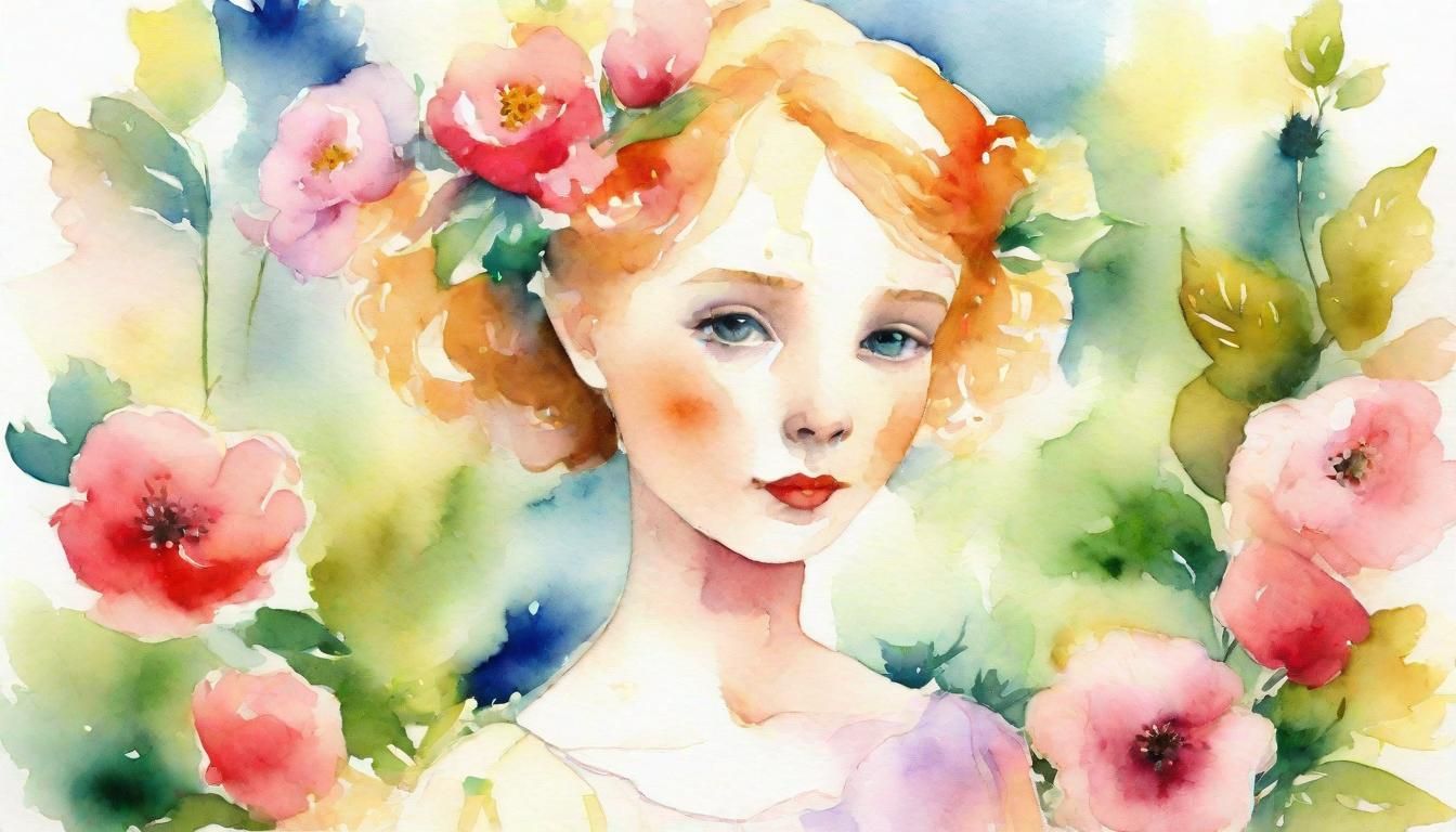Whimsical Watercolor Portrait in a Blooming Garden