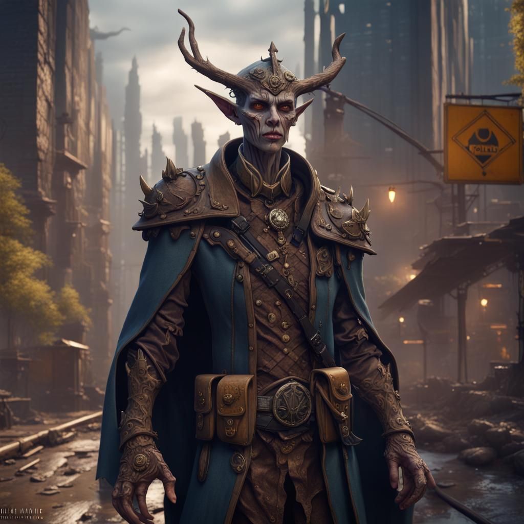 Wood Elf Lich in Cityscape: Detailed Matte Painting