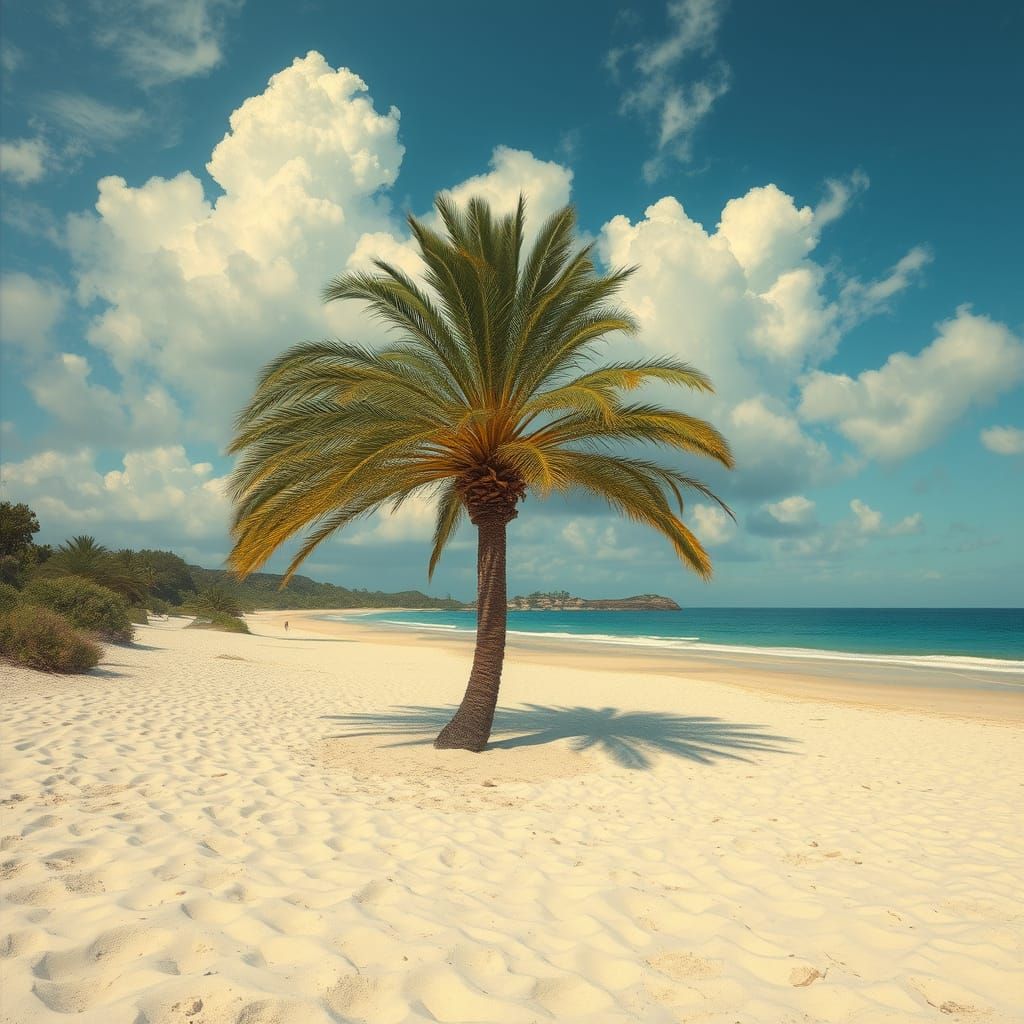 Serenity Beach Scene with Majestic Palm Tree