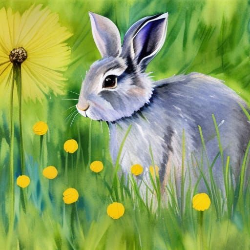 Rabbit in Dandelions: Gouache Watercolor Impressionist Paint...