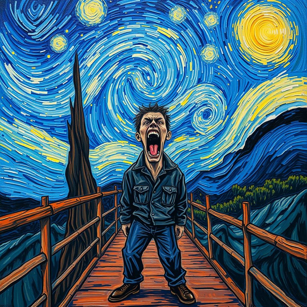 Tormented Figure on a Windswept Bridge in Post-Impressionist...