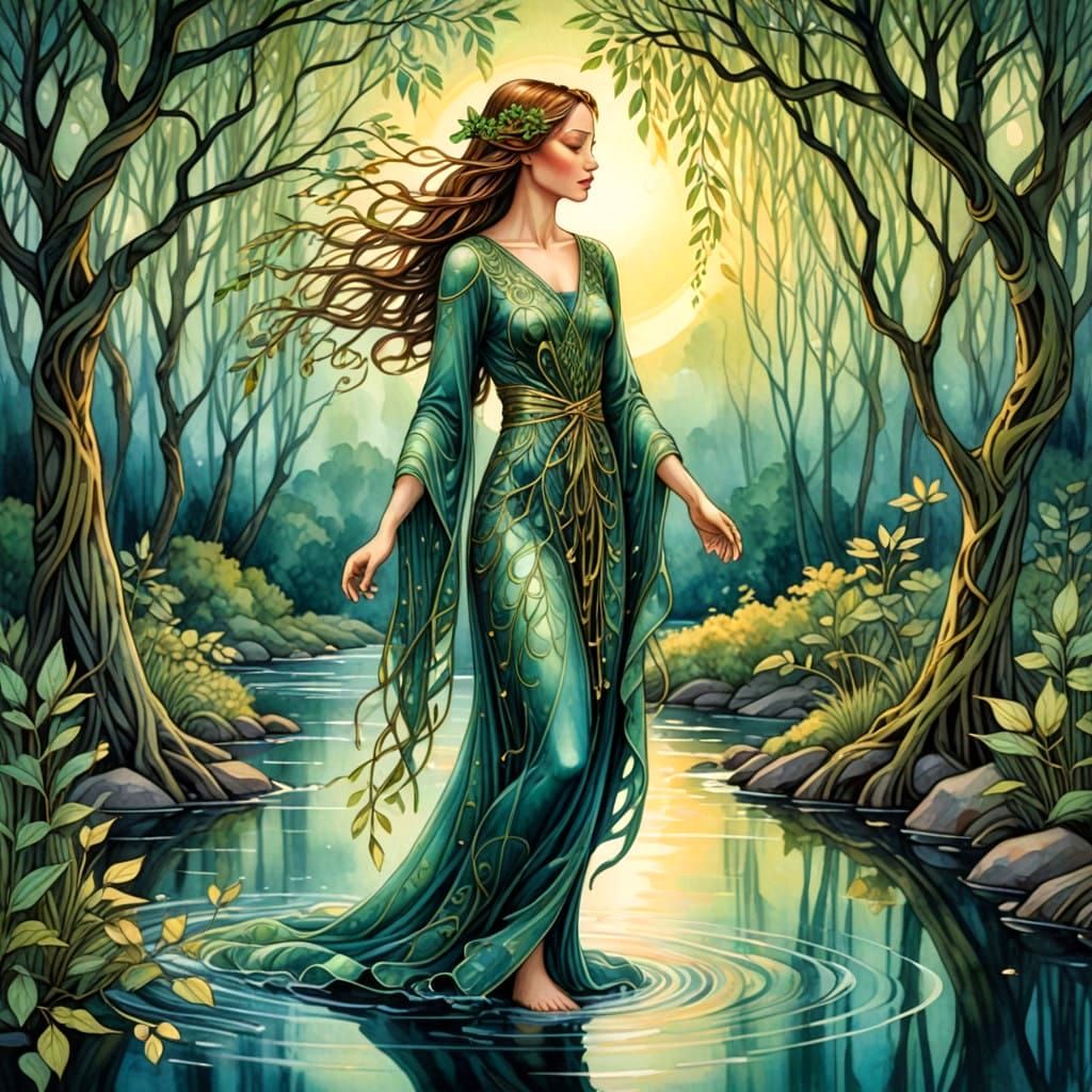 Dryad by the River in Art Deco Style