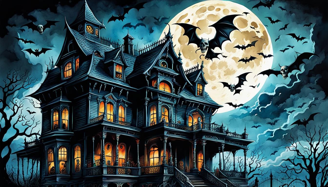 Sinister Haunted House with Devil Face, Watercolor