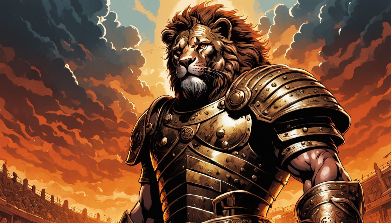 Ancient Roman Gladiator in Bronze Armor Faces Fierce Lion in...