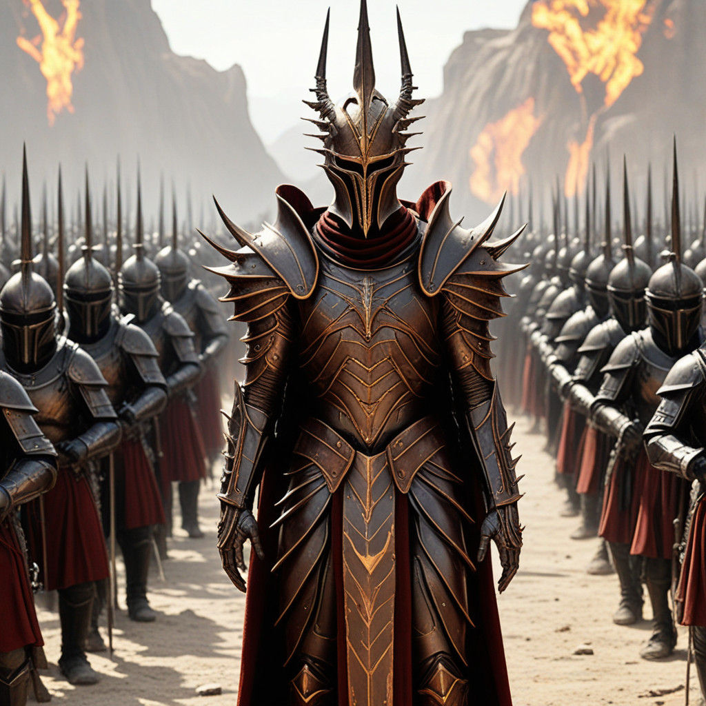 Dark Lord Sauron in Oxblood Spiky Armor with Golden Linings...
