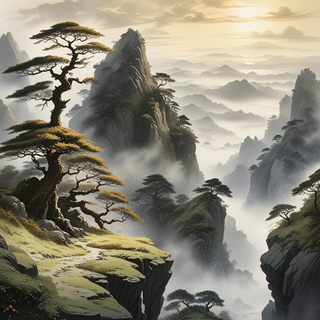 Serene Mountain Landscape with Contemplative Figure