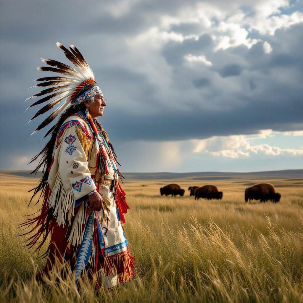 Native Elder on Windswept Prairie in Cinematic Realism