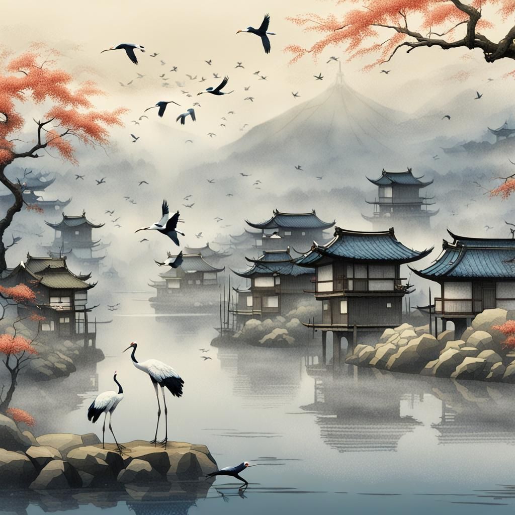 Cranes on Riverbank in Edo Ink Painting Style