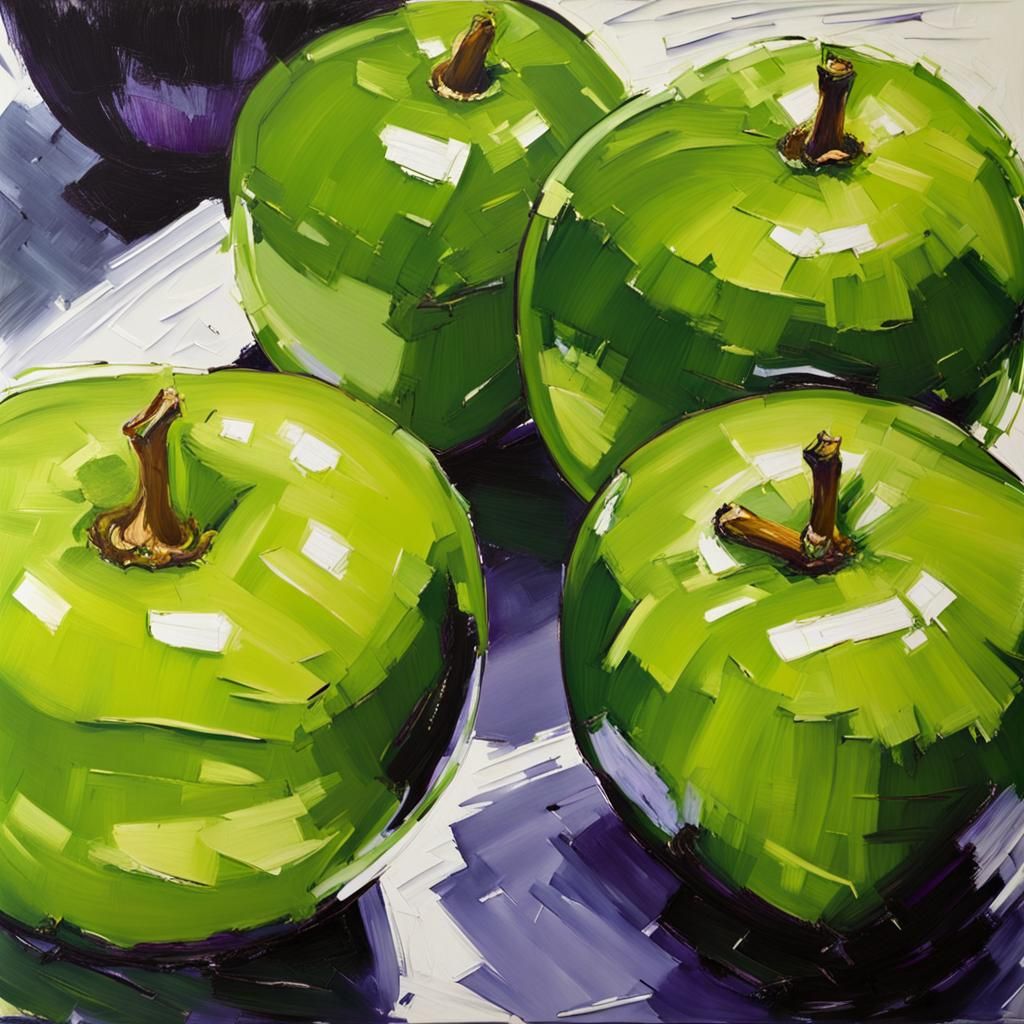Eggplants and Apples Still Life as Impasto Painting