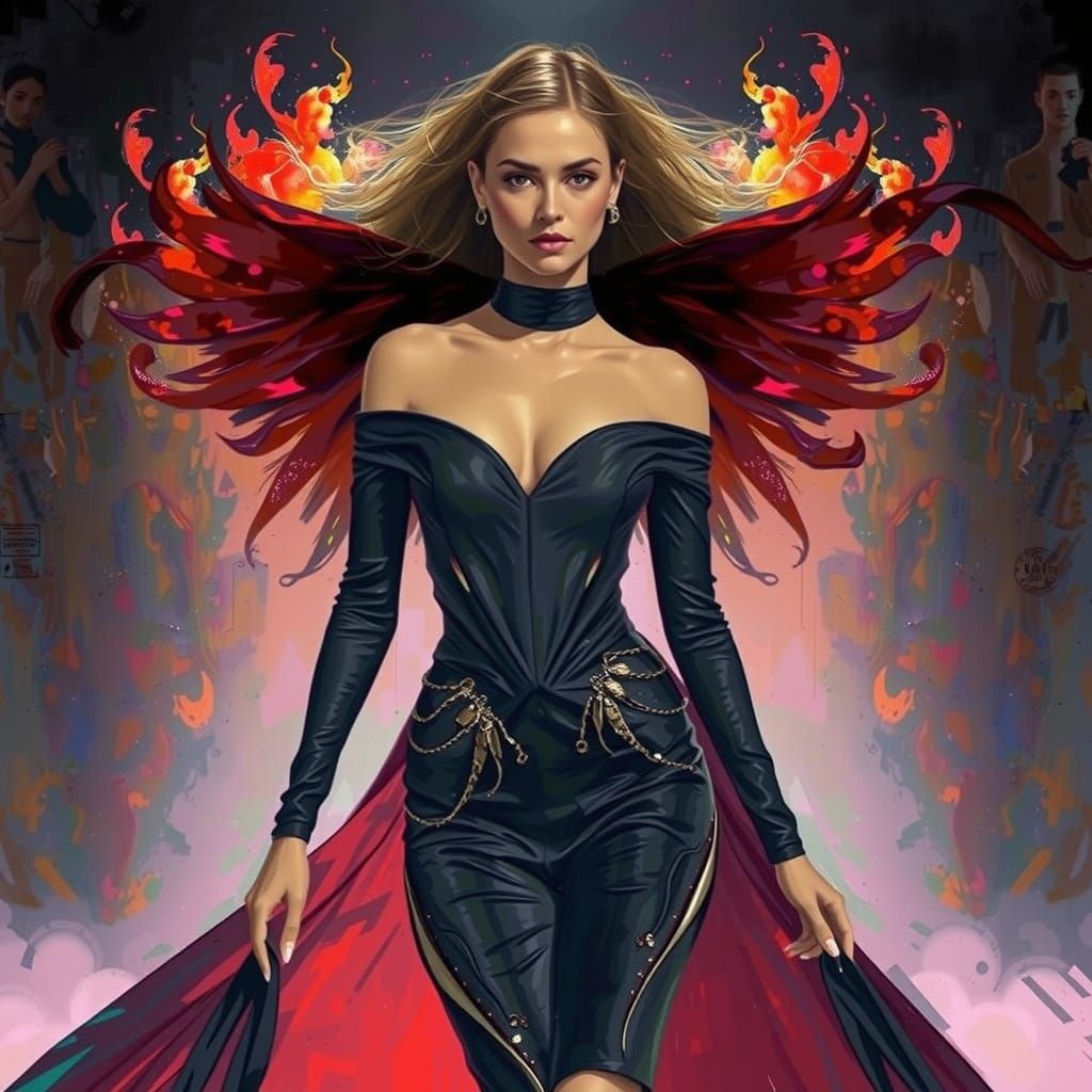 Fashion Model Struts Down Catwalk Against Fiery Backdrop