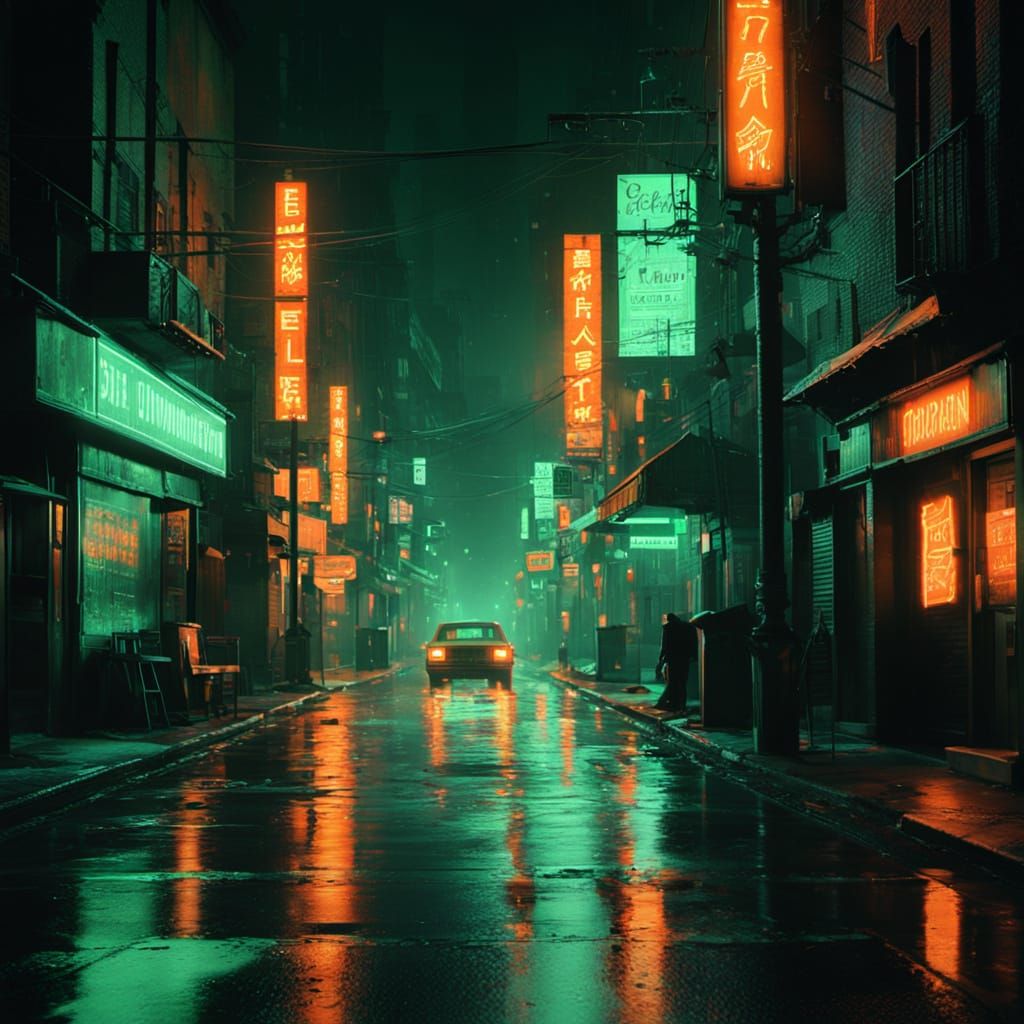Night Cityscape Reflecting Neon Lights, Illustration Style