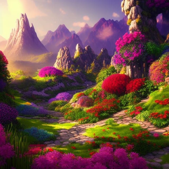 Flower Garden and Mountains: Detailed Matte Painting
