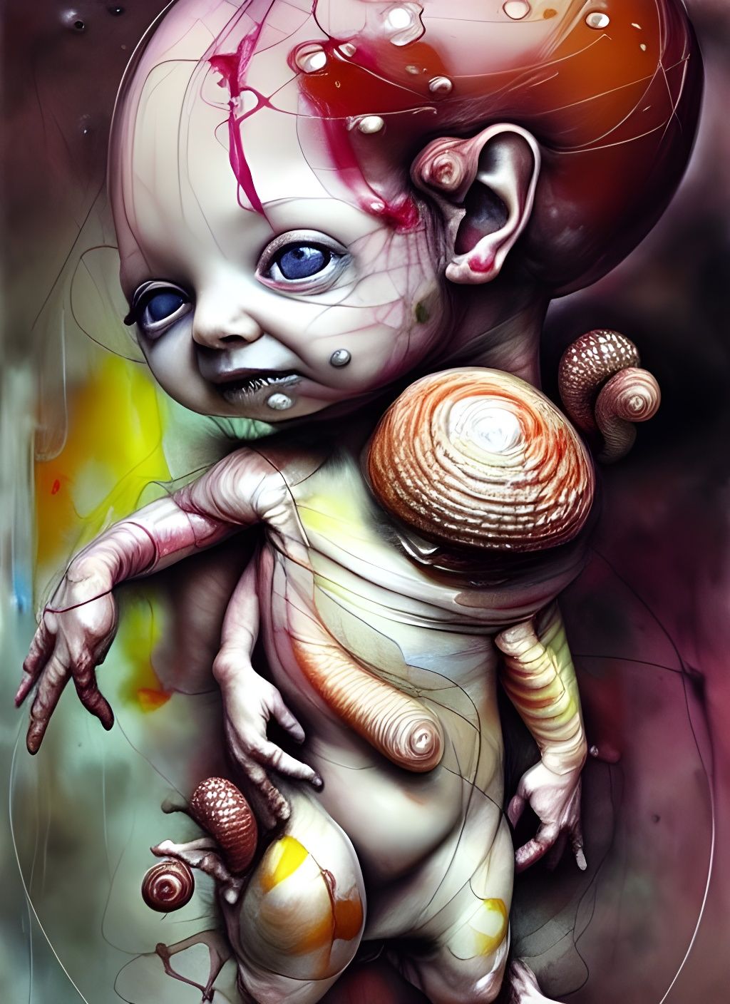 Grotesque Chibi Snail Boy Mixed Media Painting