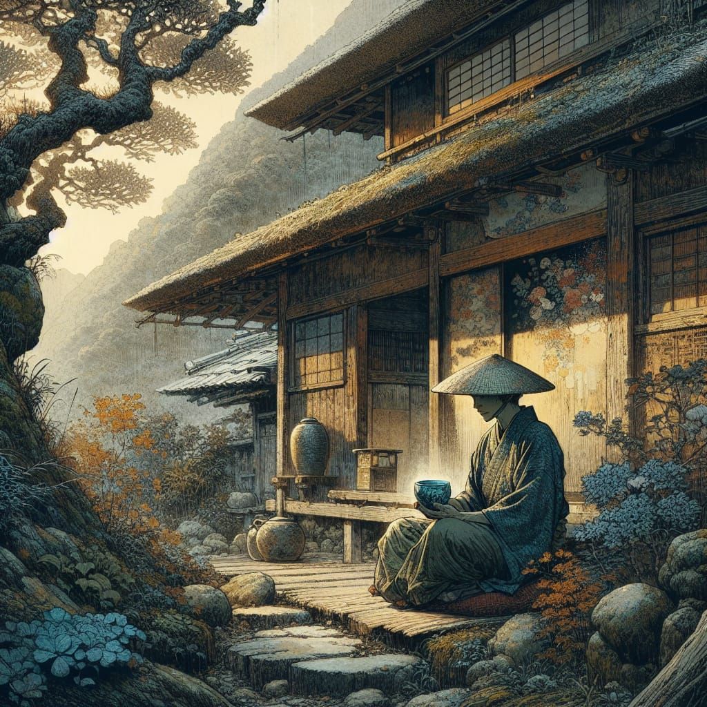 Wabi Sabi Tea Ceremony in Ukiyo-e Style