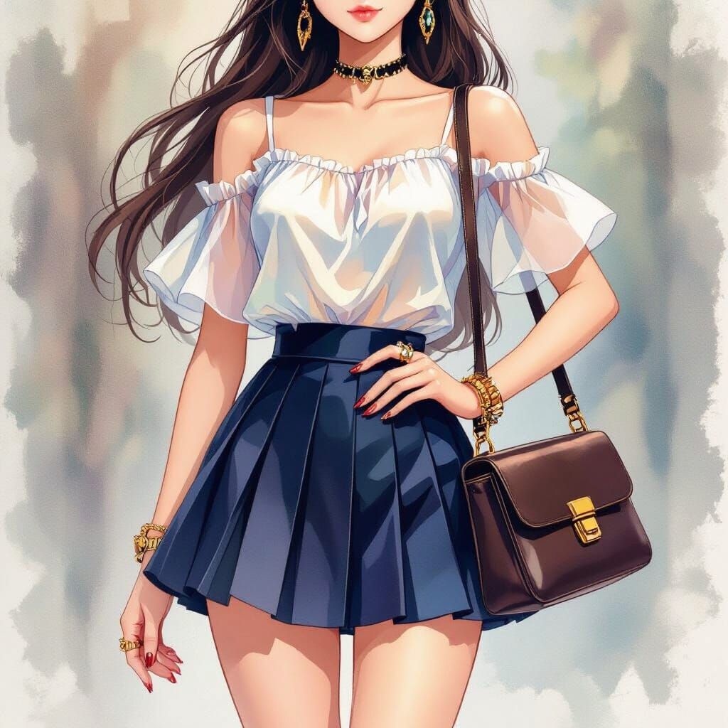 Anime Girl in Pleated Skirt, Digital Art Style