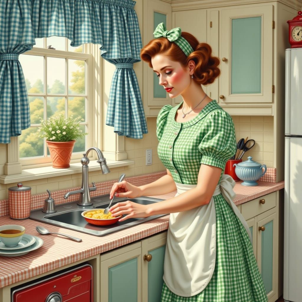 1950s Woman Cooks in Kitchen with Gingham Accents