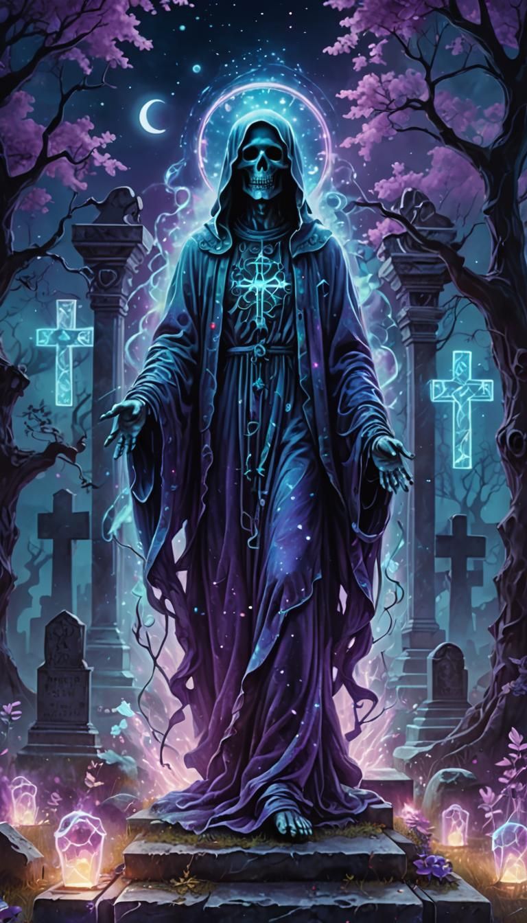 Ghost in Mystical Cemetery in Cosmic Art Style