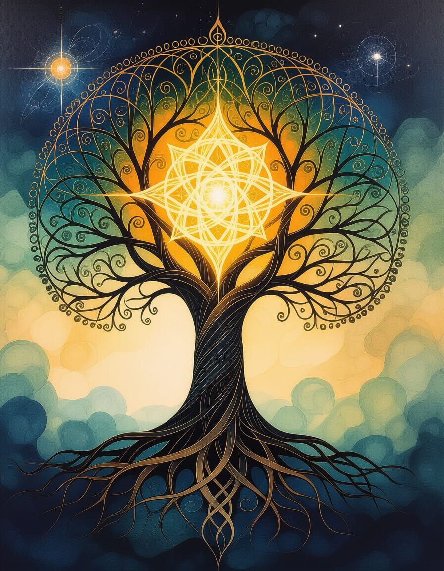 Kabbalistic Tree of Life in Oil and Graphite