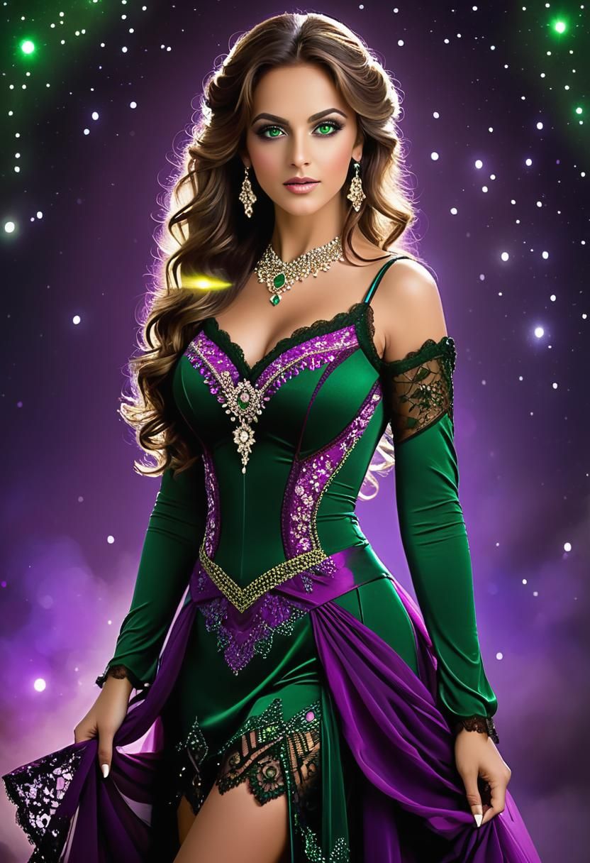 Beautiful Curly Woman with Green and Purple Eyes