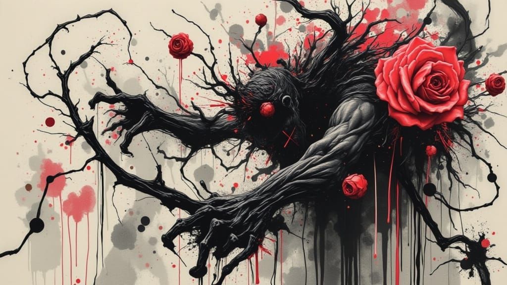 Figure Clinging to Edge Amidst Roses and Thorns