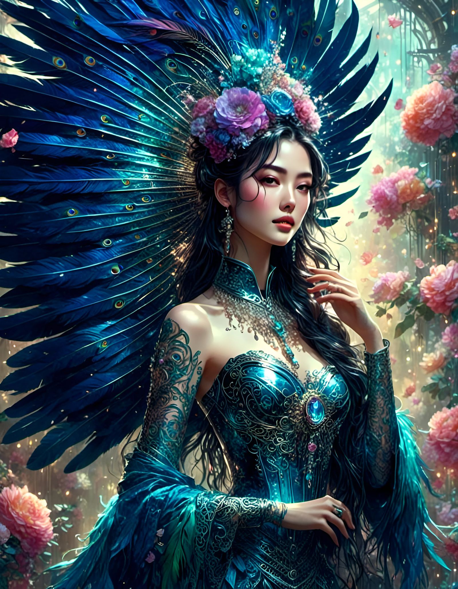 Extravagant Peacock in Opulent Garden, Impressionistic Water...