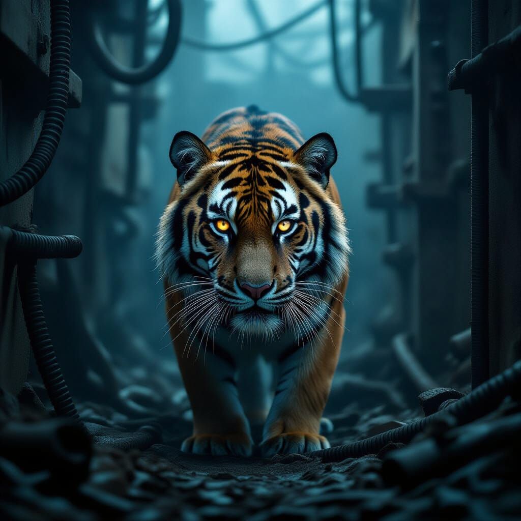 Tiger in Industrial Jungle: Dark Surrealism Art