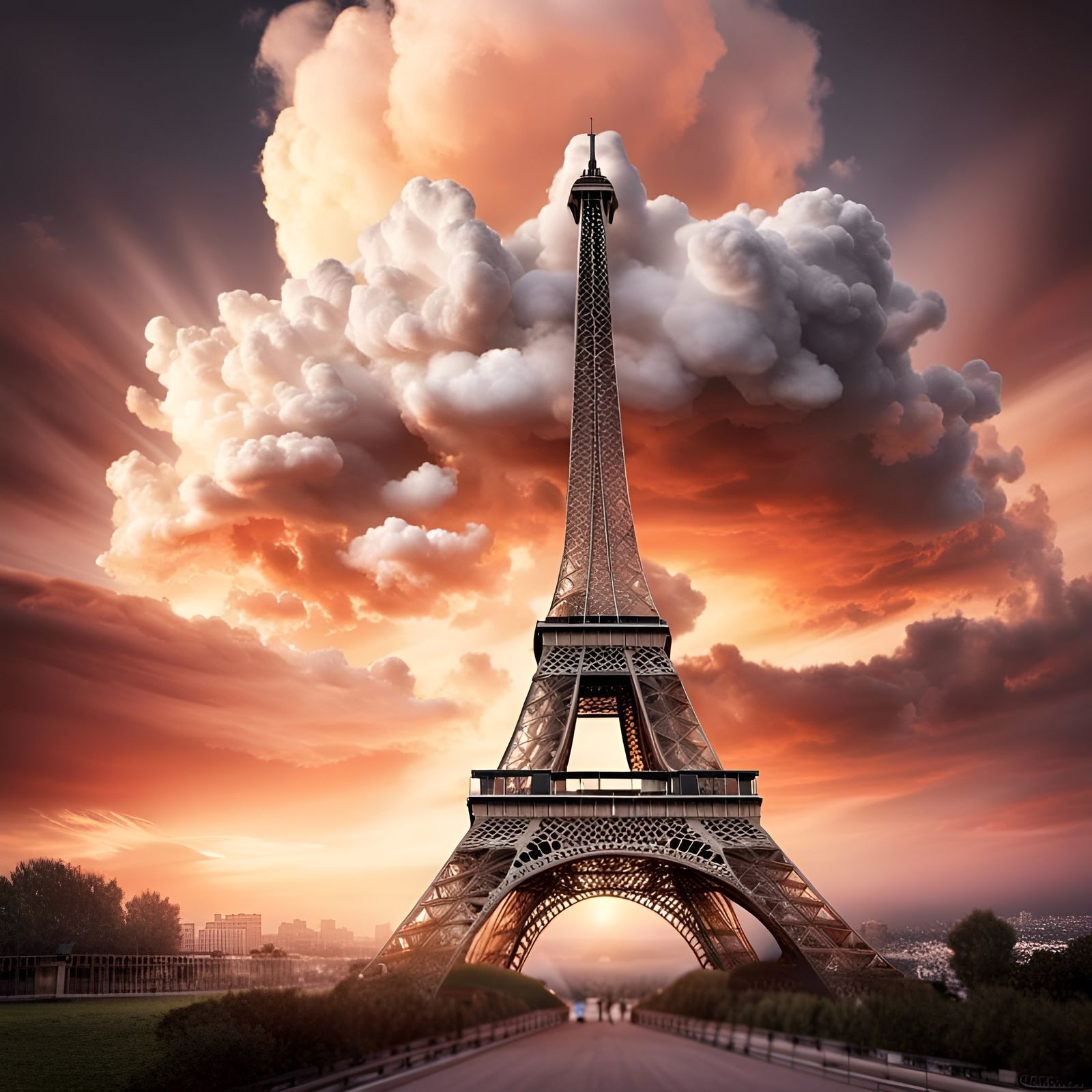 Eiffel Tower Made of Clouds at Sunset