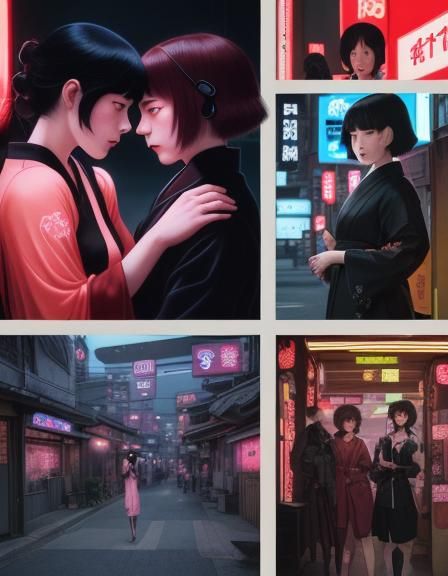 Art by Kasho Takabatake, Yumeji Takehisa, Asai Chuu, lesbian crime noir in a futuristic setting, two women in a close, t...