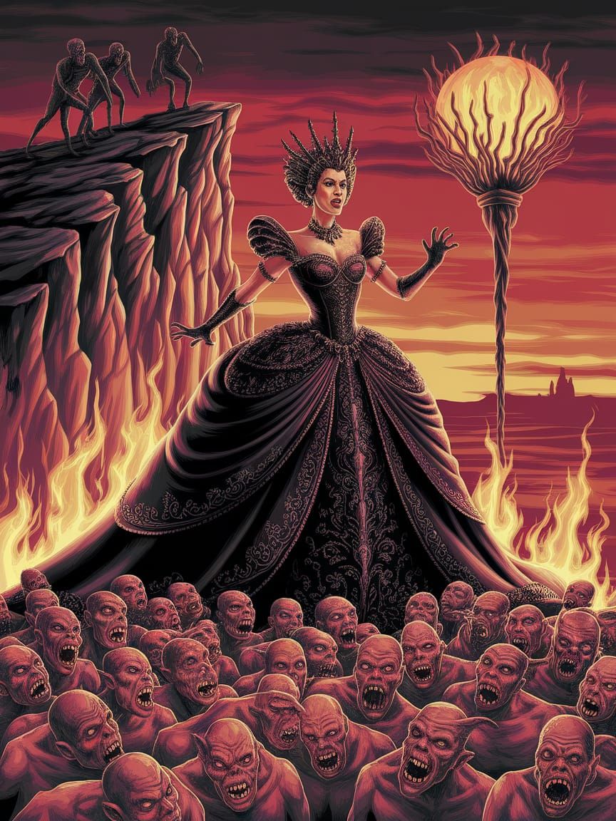 Demonic Queen Commands Hellish Horde in Fiery Cliffside Scen...