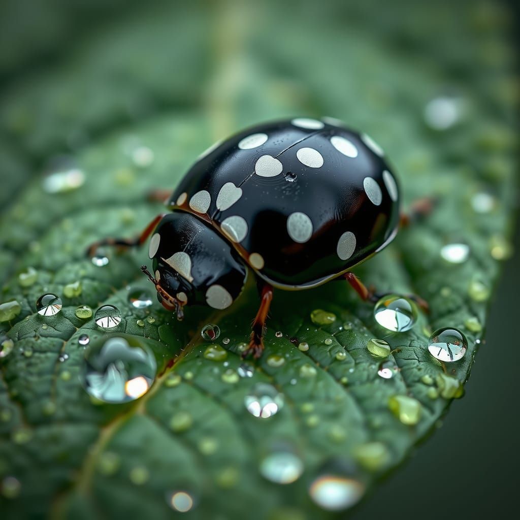 Photorealistic Ladybug with White Polka Dots on Leaf