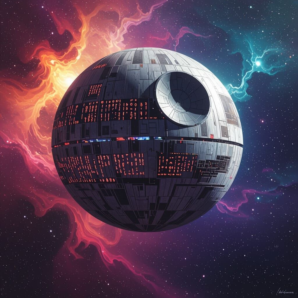 Death Star in Nebula with Ancient Glyphs