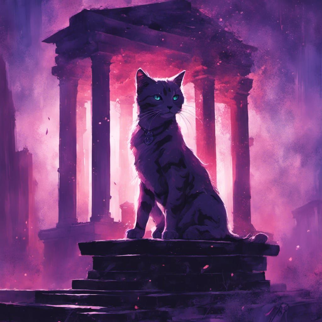 Cute Cat on Bioluminescent Greek Temple