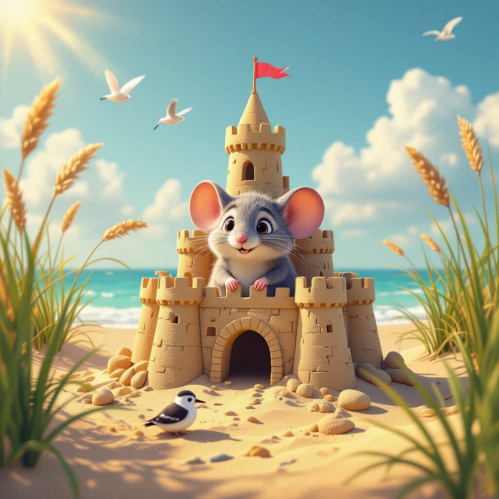 Mouse in Sandcastle on Beach, Pixar Style
