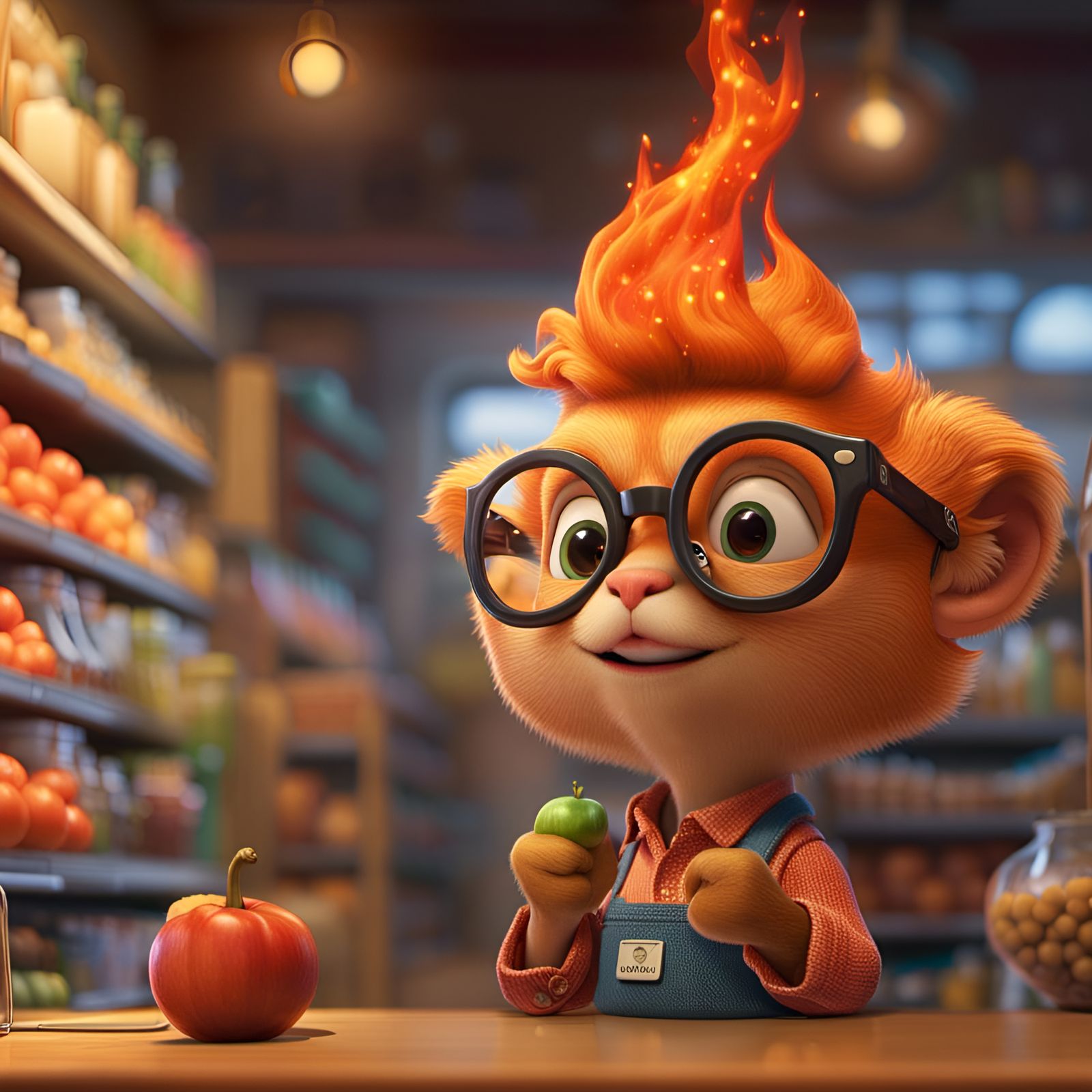 Adorable Fire Character as Grocery Clerk, 3D Render