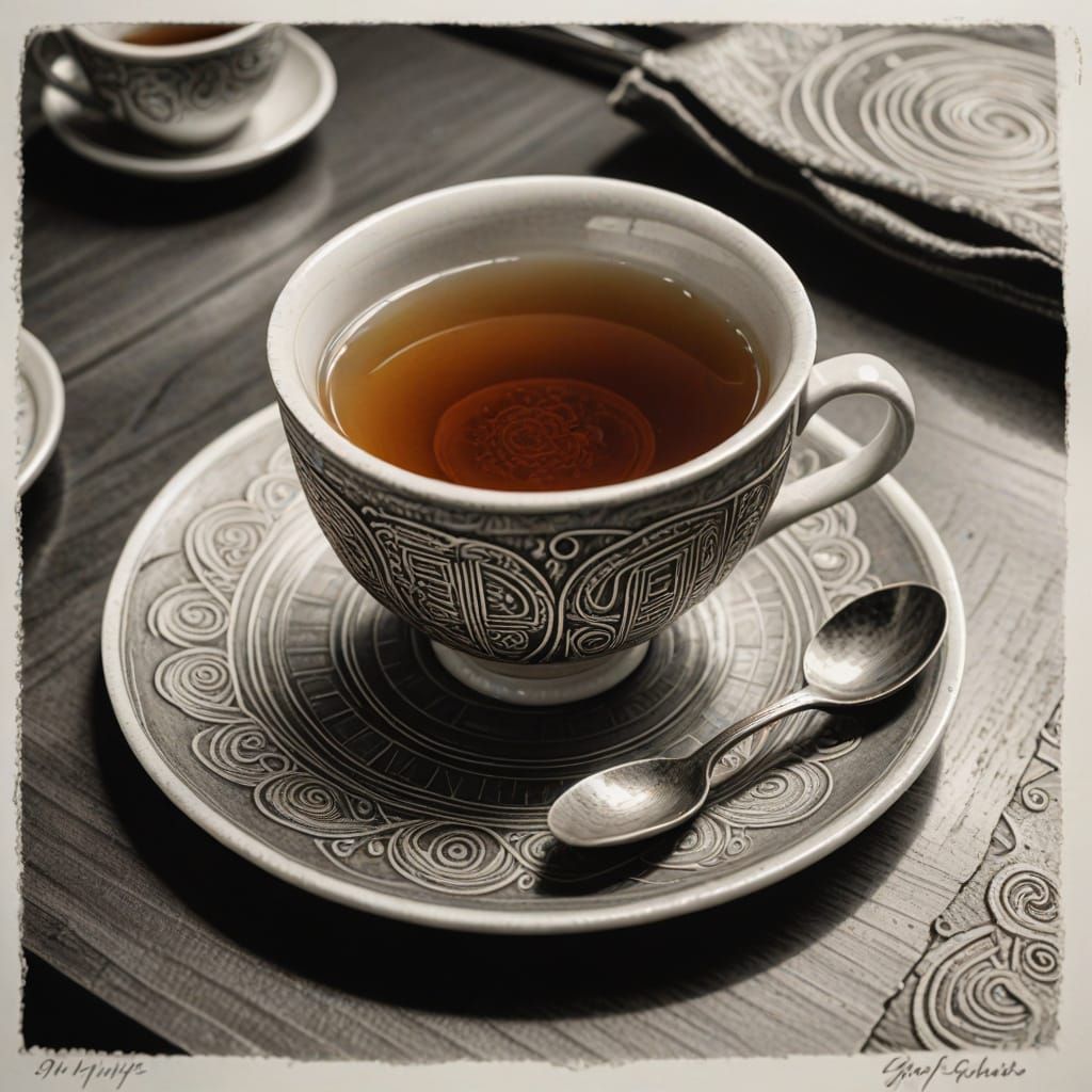 Intaglio Etching of a Tea Cup with Used Tea Bag