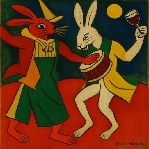 Rabbit Dancing with Tambourine in Matisse and Kokoschka Styl...