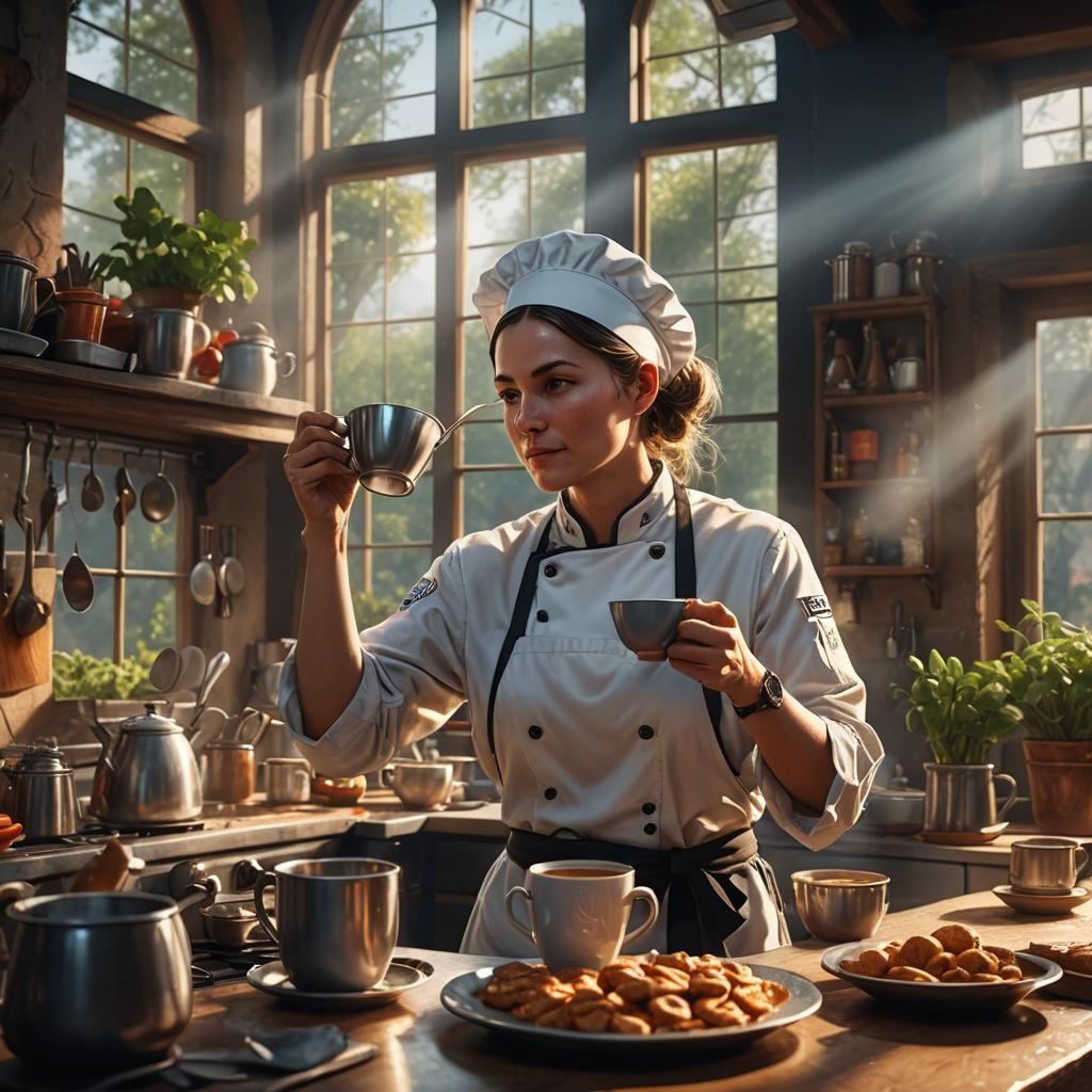 Female Chef Coffee Break: Detailed Matte Painting