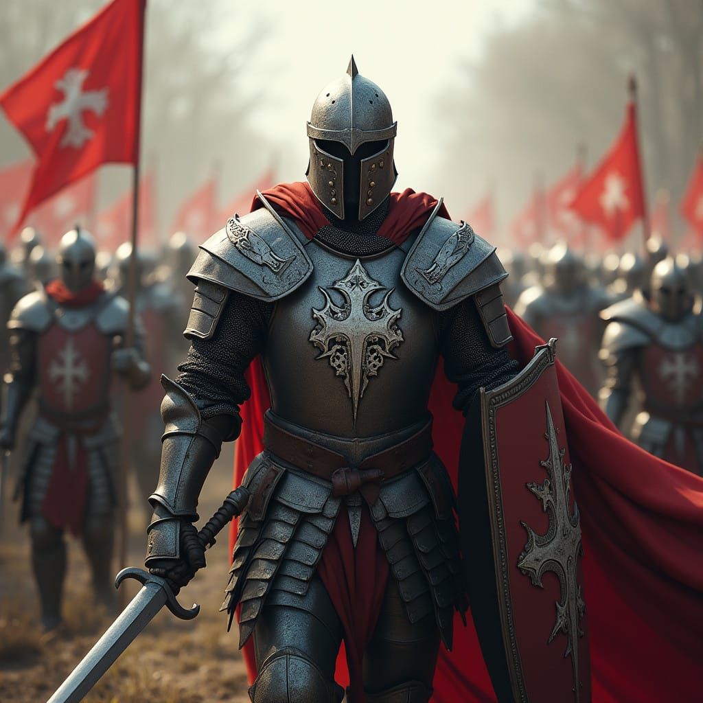 Epic Battle Scene in Fantasy Iron Plate Armor