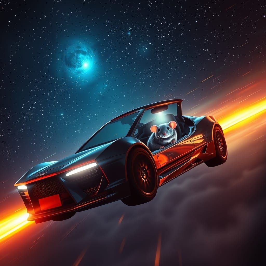 Futuristic Flying Car with Glowing Rat in Starlit Sky